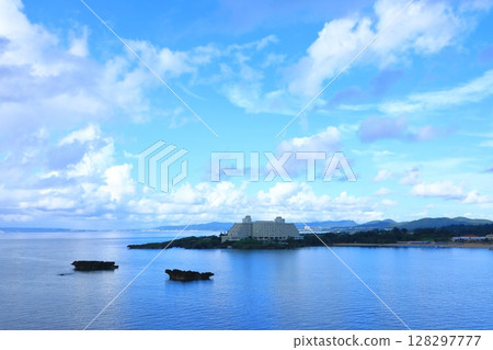 Nago Bay: Blue sky and cumulonimbus clouds 128297777