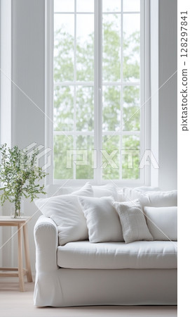 White armchair sofa and blank modern interior white wall cozy minimalist room 128297841