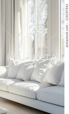 White armchair sofa and blank modern interior white wall cozy minimalist room 128297842