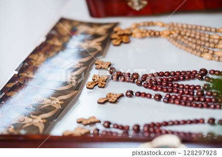 Orthodox Prayer Rosary and Book: Traditional Brown Wooden Beads, Cross, Spiritual Devotion, Religious Iconography, Deep Color Scheme Orthodox Prayer Rosary and Book: Traditional Brown Wooden Beads, Cross, Spiritual Devotion, Religious Iconography, Deep Color Scheme 128297928