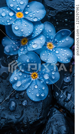 A stunning blue flower with waterdrop freshness on rocks deep dark portrait background 128297961