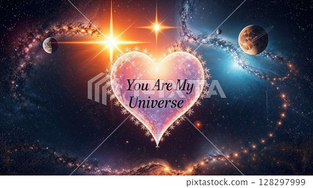 Crystal heart with snowflake border floating in space surrounded by planets and galaxies with love message. Interstellar romance concept. Crystal heart with snowflake border floating in space surrounded by planets and galaxies with love message. Interstellar romance concept. 128297999