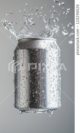 Silver plain soda can fly in water with bubble, liquid cylinder container branding promotion drink 128298026