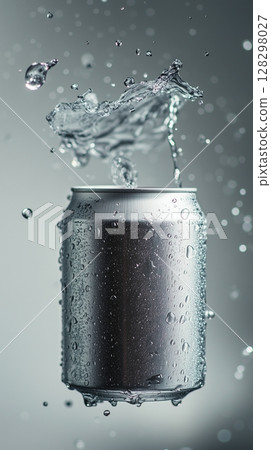 Silver plain soda can fly in water with bubble, liquid cylinder container branding promotion drink 128298027
