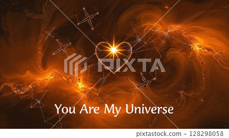 Heart constellation with connecting star patterns against fiery orange nebula background with romantic text. Cosmic destiny concept. 128298058