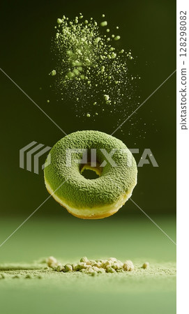 Sweet sprinkle of powdered green tea topping donut fries snack food flying for tea time 128298082