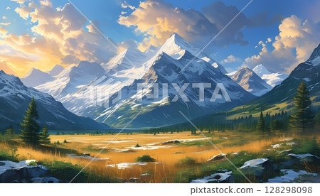Majestic Mountain Landscape Featuring a Lush Valley Beneath a Scenic Sky Filled with Clouds 128298098