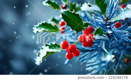Stunningly Beautiful Holly Berries and Snowy Pine Branches in a Magical Winter Wonderland Setting 128298176