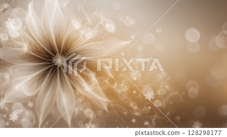Abstract dandelion silhouette with radiating seeds transforming into ethereal floating petals and bokeh effects against golden brown background. Nature transformation concept. 128298177