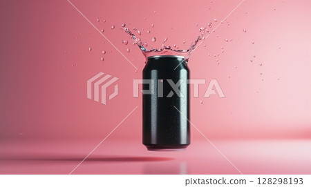 Black plain soda can fly in water with bubble, liquid cylinder container drink 128298193