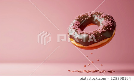 Sweet chocolate topping donut fries snack food flying for tea time Sweet chocolate topping donut fries snack food flying for tea time 128298194