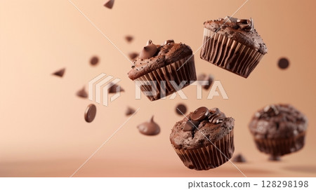Sweet chocolate topping muffin fries snack food flying for tea time 128298198