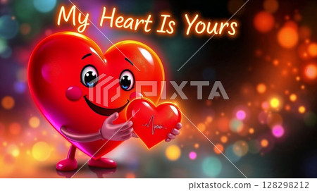 Red heart character holding smaller heart against colorful bokeh background with glowing neon text. Love expression concept. Red heart character holding smaller heart against colorful bokeh background with glowing neon text. Love expression concept. 128298212
