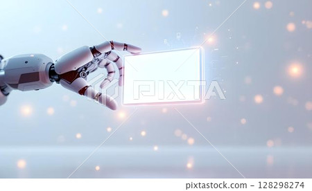 White robotic arm presenting illuminated screen against soft misty background with scattered light particles. Ethereal digital postcard mockup design. 128298274