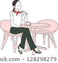 Woman relaxing in a cafe, summer scarf outfit, terrace seat illustration 128298279