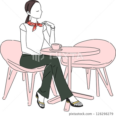 在咖啡館休息的女人，夏季圍巾套裝，露台座位插圖 128298279