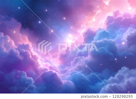 Dreamy celestial sky background with volumetric clouds and starlight 128298293