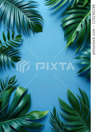 Tropical leaves frame on blue background with copy space 128298296