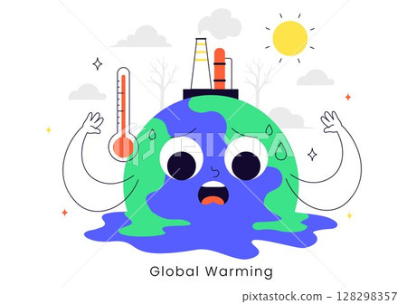 Global Warming Vector Illustration Featuring a Melting or Burning Planet Earth and Thermometer, Raising Awareness to Prevent Environmental Damage 128298357
