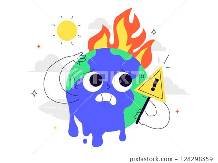 Global Warming Vector Illustration Featuring a Melting or Burning Planet Earth and Thermometer, Raising Awareness to Prevent Environmental Damage Global Warming Vector Illustration Featuring a Melting or Burning Planet Earth and Thermometer, Raising Awareness to Prevent Environmental Damage 128298359