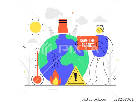 Global Warming Vector Illustration Featuring a Melting or Burning Planet Earth and Thermometer, Raising Awareness to Prevent Environmental Damage 128298361