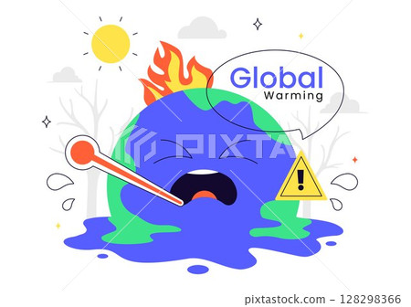 Global Warming Vector Illustration Featuring a Melting or Burning Planet Earth and Thermometer, Raising Awareness to Prevent Environmental Damage 128298366