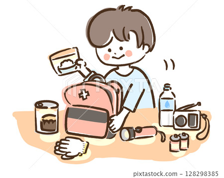 A man preparing a disaster prevention backpack 128298385