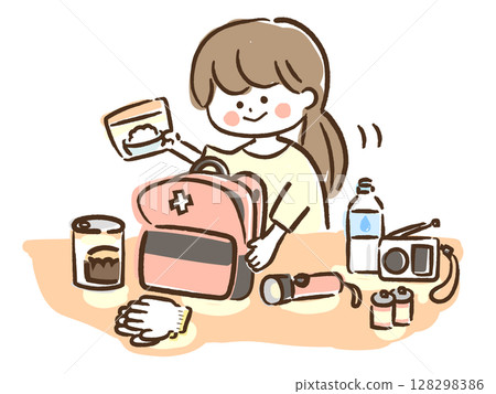 一位女士正在準備防災背包 128298386