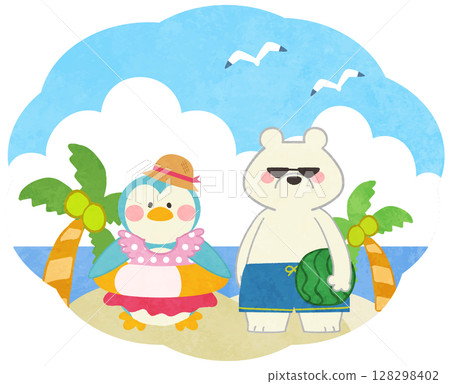 夏季北極熊和企鵝圖示插圖在海中玩耍 128298402