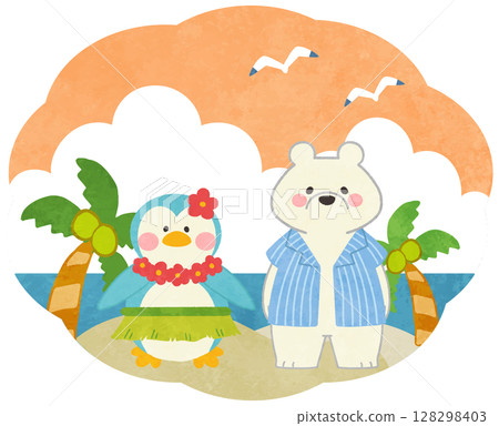 夏季日落時分海面上的北極熊和企鵝圖示插圖 128298403