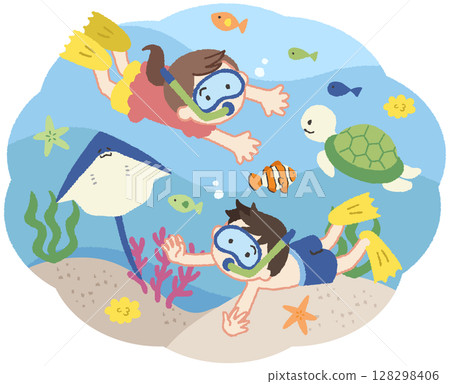 孩子們在海裡游泳和魚圖示插圖 孩子們在海裡游泳和魚圖示插圖 128298406