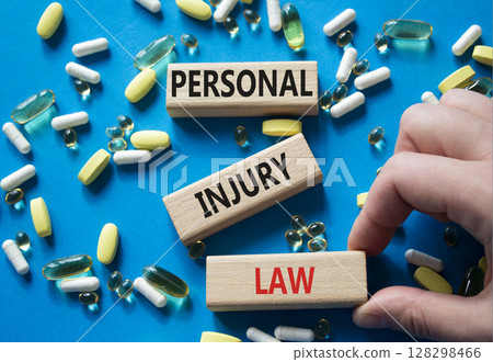 Personal Injury Law symbol. Concept words Personal Injury Law on wooden blocks. Beautiful blue background with pills. Doctor hand. Healthcare and Personal Injury Law concept. Copy space. 128298466