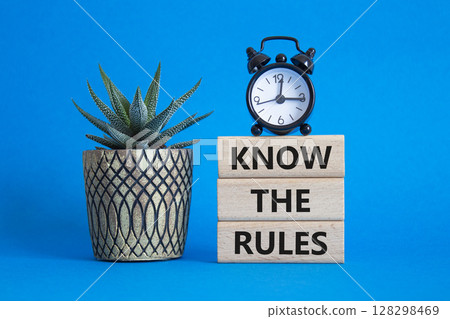 Know the rules symbol. Wooden blocks with words Know the rules. Beautiful blue background with succulent plant and alarm clock. Business and Know the rules concept. Copy space. 128298469