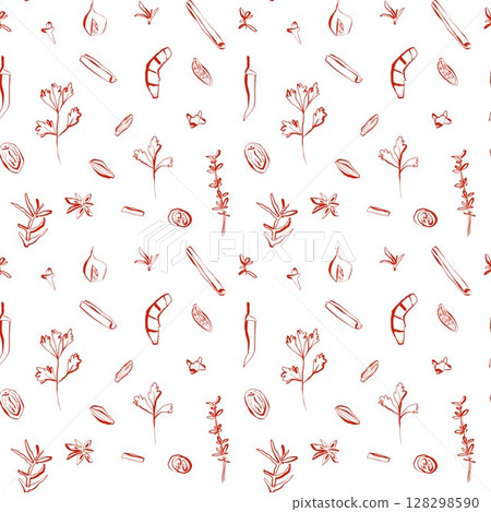 Seamless hand drawn pattern with red spices and herbs on white background for food packaging and textile design 128298590