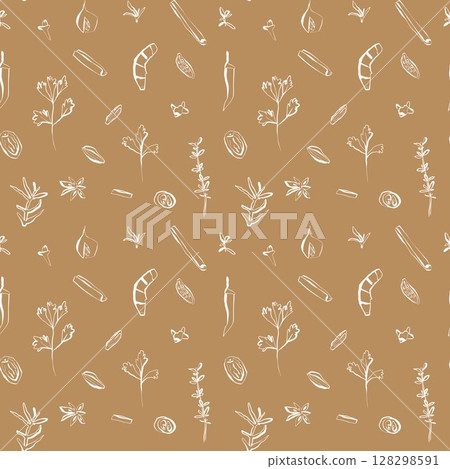 Seamless spice pattern with white hand drawn herbs and seeds on mustard yellow background for textile and packaging Seamless spice pattern with white hand drawn herbs and seeds on mustard yellow background for textile and packaging 128298591