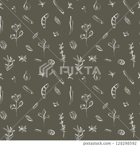 Hand drawn seamless pattern with spices herbs and seeds on dark background for packaging and textile Hand drawn seamless pattern with spices herbs and seeds on dark background for packaging and textile 128298592