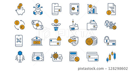 Line Icon set for finance, digital payment, mobile card pay solutions with smart phone crypto wallets or staking apps. Editable vector for bank, p2p transfer. Use for electronic money illustration. 128298602