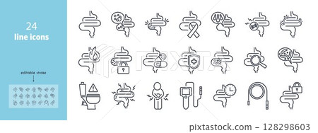 Line intestine pain and bowel symptoms icon set for with vector illustration of diarrhea, abdominal ache and disorder. Editable pictogram gut disease. Use for medical presentation. 128298603