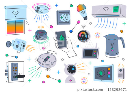 Flat cartoon vector illustration of smart home equipment and voice controlled devices set. Modern technology concept with Wi Fi appliances, smartphone control, home automation, security system Flat cartoon vector illustration of smart home equipment and voice controlled devices set. Modern technology concept with Wi Fi appliances, smartphone control, home automation, security system 128298671