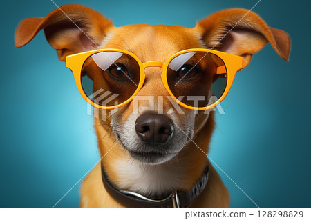 Dog wearing sunglasses. Happy dog with sunglasses. Portrait of smiling dog wearing sunglasses. Happy pet concept 128298829