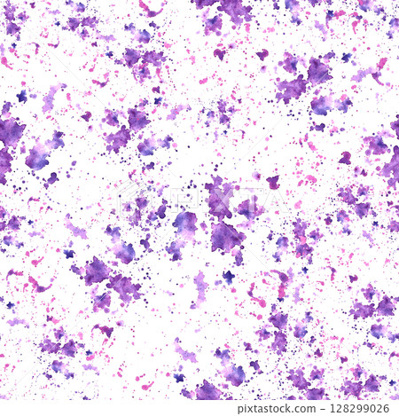 Purple and pink ink splashes, stains abstract seamless pattern. Hand painted in watercolor spotted transparent backdrop for fabric, wrapping paper, texture backgrounds, scrapbooking. Isolated on white 128299026