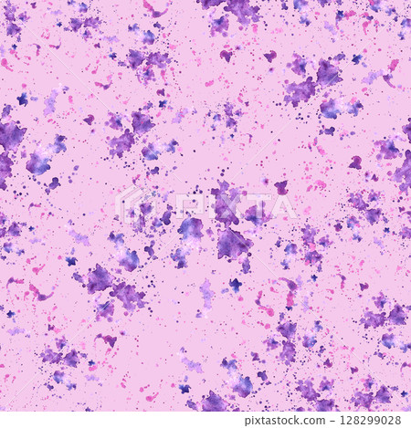 Violet, lilac, purple watercolor spots and splashes. Abstract rose blue stains seamless pattern on isolated pink background. Hand painted illustration, summer design for fabric, wrapping paper, cover  128299028