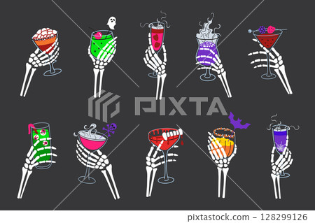 Flat cartoon vector set of skeleton hands holding Halloween drinks. Spooky party cocktails with creepy decorations. Festive beverages, holiday celebration design, bar menu, seasonal visuals Flat cartoon vector set of skeleton hands holding Halloween drinks. Spooky party cocktails with creepy decorations. Festive beverages, holiday celebration design, bar menu, seasonal visuals 128299126