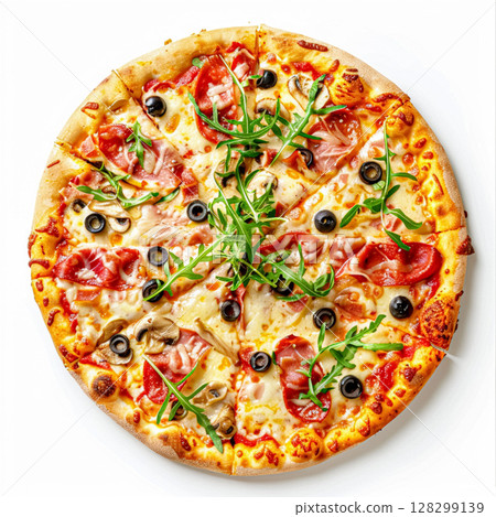 Delicious Italian pizza, generously topped with salami, ham, mushrooms, black olives, and fresh arugula, isolated on white. 128299139