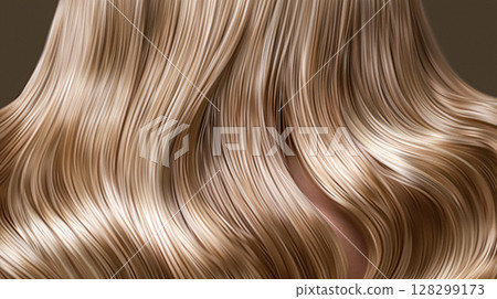 Long, luxurious golden blonde hair with soft waves and curls, showcasing incredible shine and healthy texture against a rich, dark background. 128299173