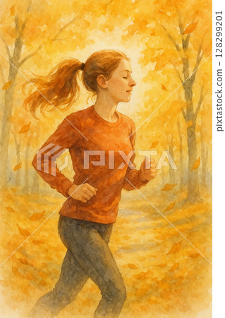 秋日落葉林傲嬌少女的畫法 | 健康運動生活水彩風景畫 128299201