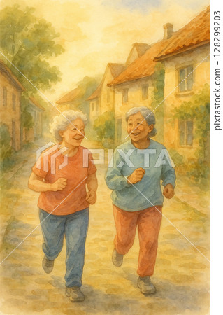 和藹老人的畫 | 健康的老年生活方式水彩風景 128299203