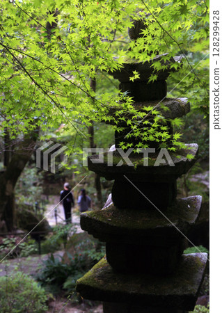 Female worshipper and stone lantern 128299428