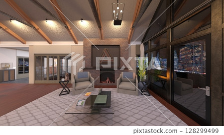 living dining room with large windows 128299499
