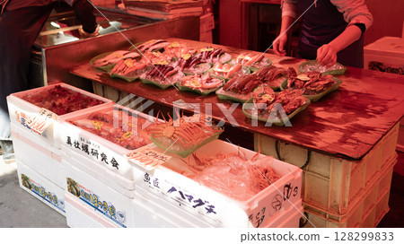 Sashimi of shellfish and fish is on sale In Sendai Asaichi Morning Market. Sendai asaichi morning market is one of old market in sendai Sashimi of shellfish and fish is on sale In Sendai Asaichi Morning Market. Sendai asaichi morning market is one of old market in sendai 128299833